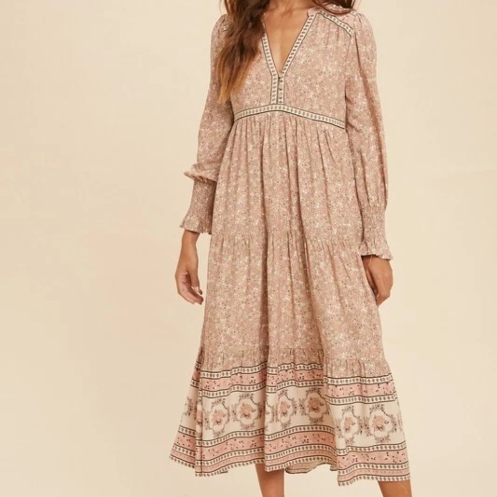 In Bloom Pink Tan Boho Long Sleeve Sundress